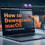 A MacBook displaying a step-by-step tutorial on how to downgrade macOS, highlighting a bootable USB installer, terminal commands, and system settings.