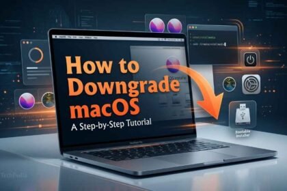 A MacBook displaying a step-by-step tutorial on how to downgrade macOS, highlighting a bootable USB installer, terminal commands, and system settings.