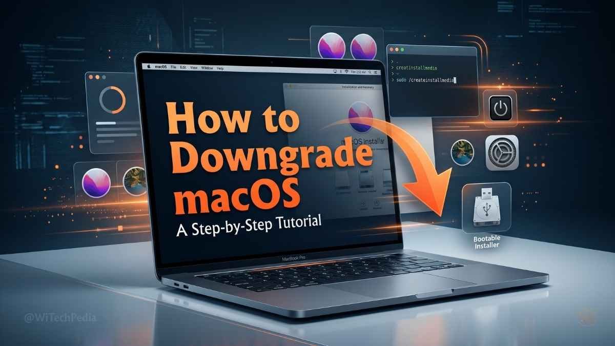 A MacBook displaying a step-by-step tutorial on how to downgrade macOS, highlighting a bootable USB installer, terminal commands, and system settings.