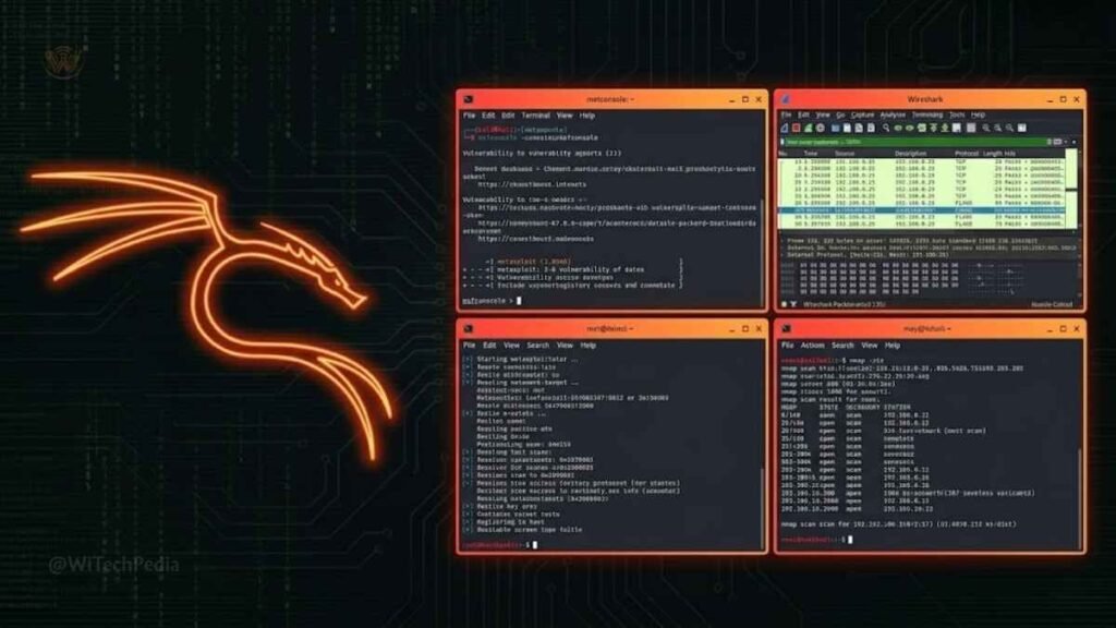 Kali Linux desktop showing cybersecurity tools including Metasploit and Wireshark for ethical hacking