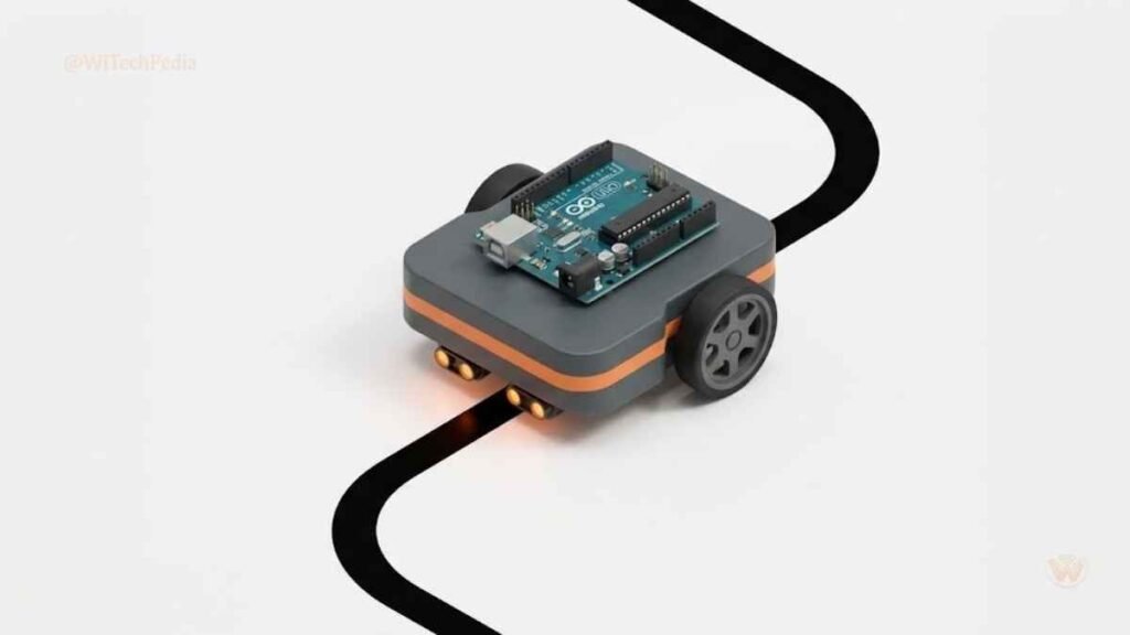 Arduino-based line-following robot with IR sensors tracking a black line on a white surface, beginner robotics project