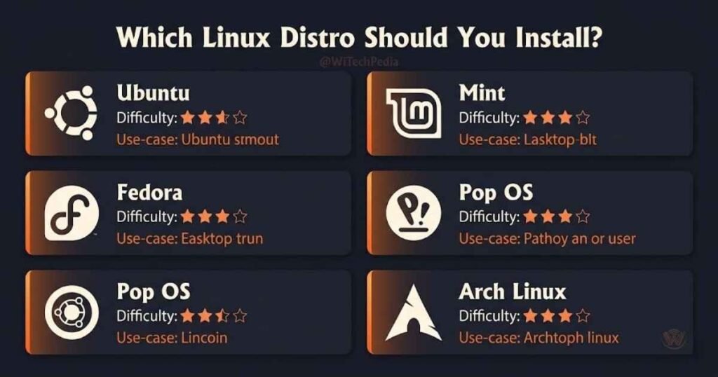 Infographic comparing top Linux distros including Ubuntu, Mint, Fedora, Pop OS and Arch Linux for beginners
