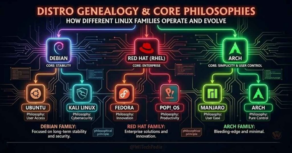Infographic decision guide mapping Linux distros to user types from beginner to advanced power user