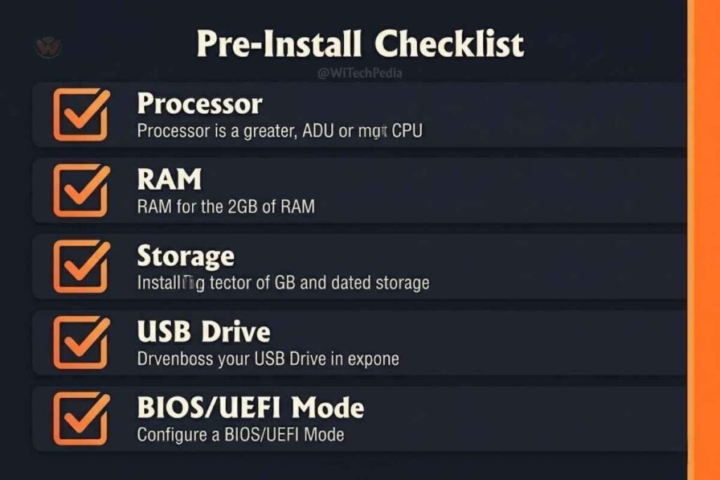 Infographic checklist of Linux installation requirements including RAM, storage, USB drive, and BIOS settings for beginners