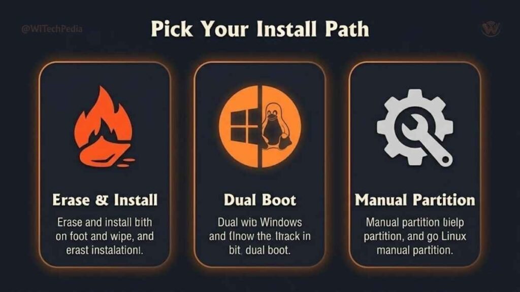 Infographic showing three Linux installation options: erase disk, dual boot with Windows, and manual partitioning