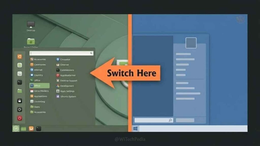 Linux Mint Cinnamon desktop layout compared side-by-side with Windows taskbar style for easy migration