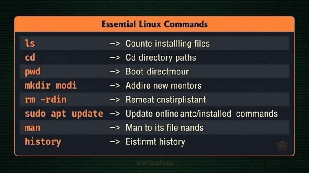Visual cheat sheet of essential Linux terminal commands including ls, cd, sudo apt, and man for new users learning how to install Linux