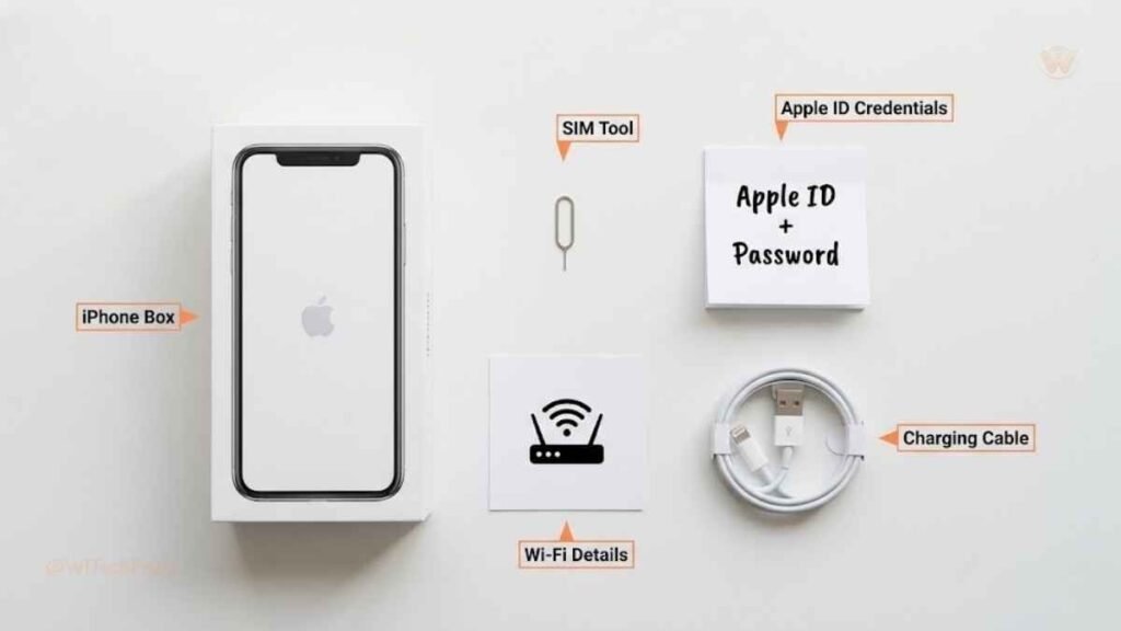 iPhone activation checklist showing Apple ID, SIM card, Wi-Fi password, and charger laid out on a desk