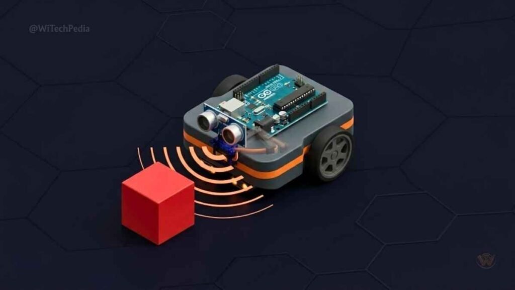 Arduino obstacle-avoiding robot using HC-SR04 ultrasonic sensor detecting a red obstacle block during a robotics project