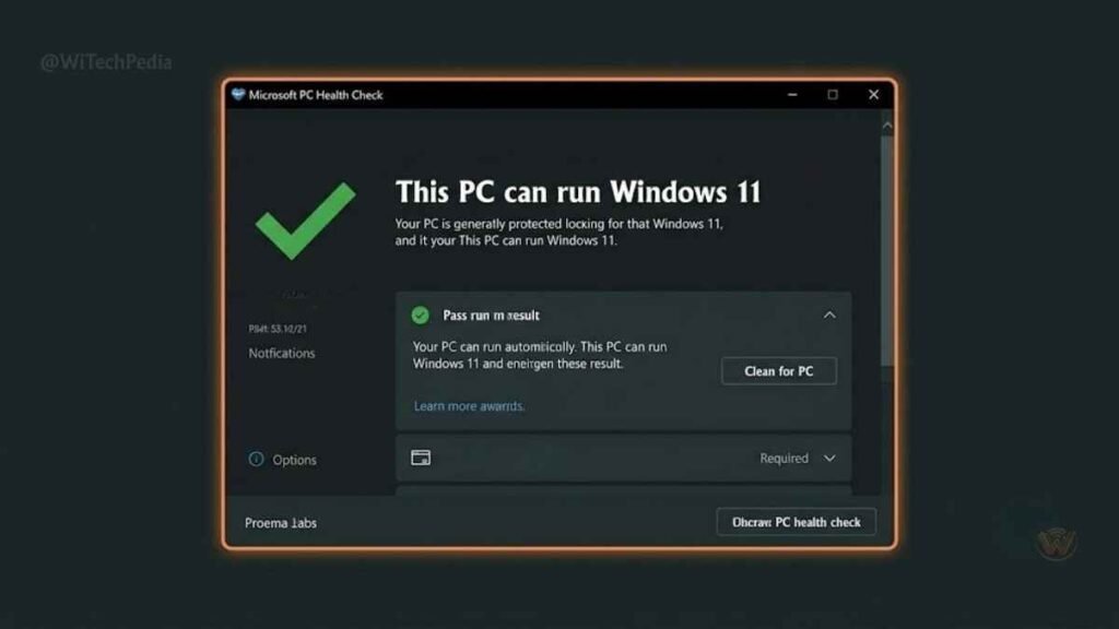 Screenshot-style illustration of PC Health Check app showing a Windows 11 compatibility pass result
