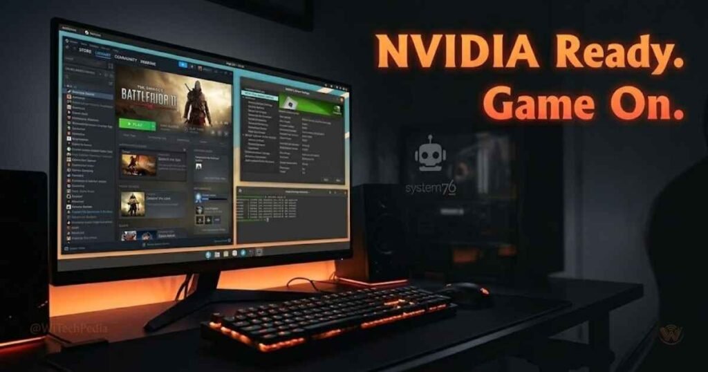 Pop!_OS Linux gaming setup showing NVIDIA GPU driver configuration and Steam library on desktop
