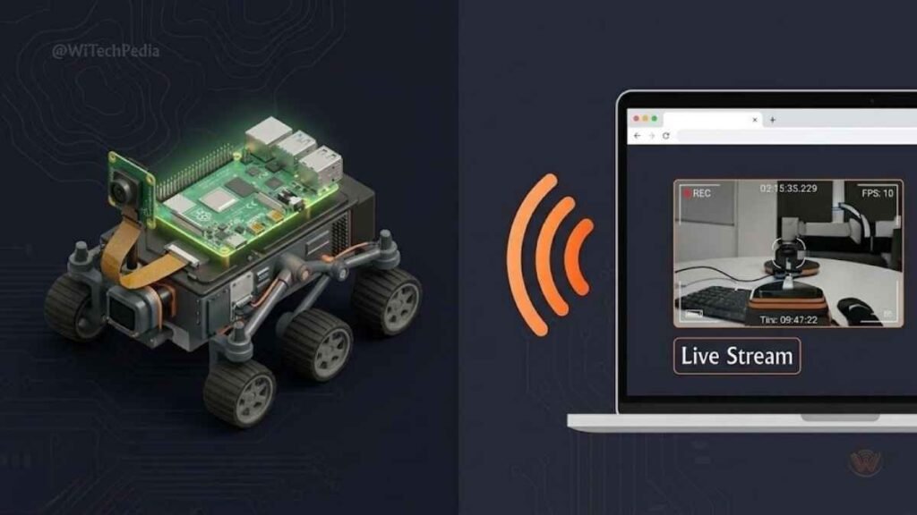Raspberry Pi robot streaming live video feed to a laptop browser, intermediate-level robotics project with camera module