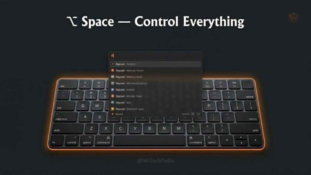 Raycast command palette open on macOS with keyboard shortcut and search query visible on dark background