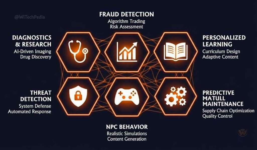 Infographic showing artificial intelligence applications across healthcare, finance, education, cybersecurity, gaming, and manufacturing