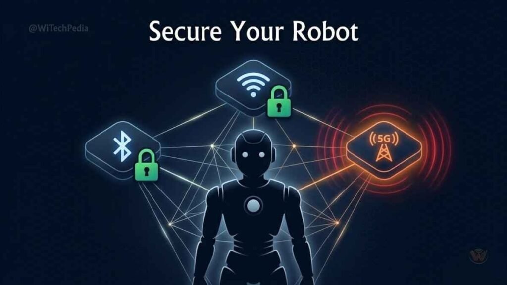 Robot connected to a network with a cybersecurity shield protecting against wireless threats in a robotics project