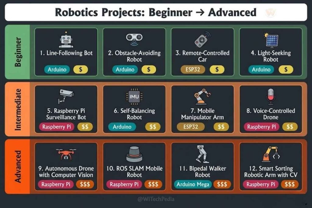 Infographic comparing 12 robotics projects by difficulty level, platform, core skill, and estimated cost from beginner to advanced