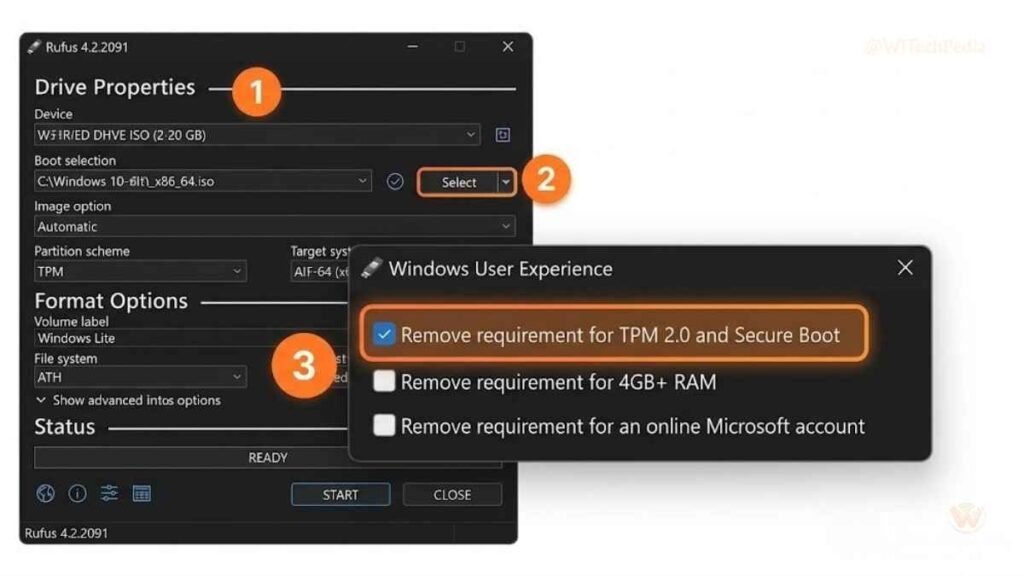 Rufus application interface showing Windows 11 extended image options to remove TPM 2.0 and Secure Boot requirements for unsupported hardware install