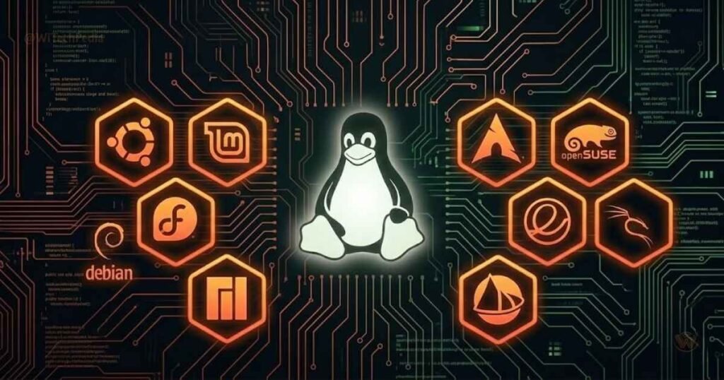 A technical infographic on a dark background features winding green and orange circuit board trace lines and faint code text. In the center is a glowing, sitting Tux Linux penguin. Surrounding Tux are multiple glowing orange hexagonal badges, each containing a different Linux distribution logo. Recognizable logos include Ubuntu, Fedora, Debian, Linux Mint, Manjaro, Arch Linux, openSUSE, Elementary OS, Kali Linux, and another smaller icon.