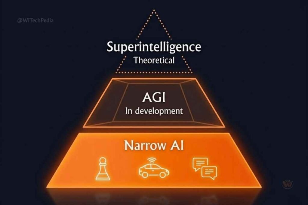 Comparison diagram showing three types of artificial intelligence: narrow AI, artificial general intelligence, and superintelligence
