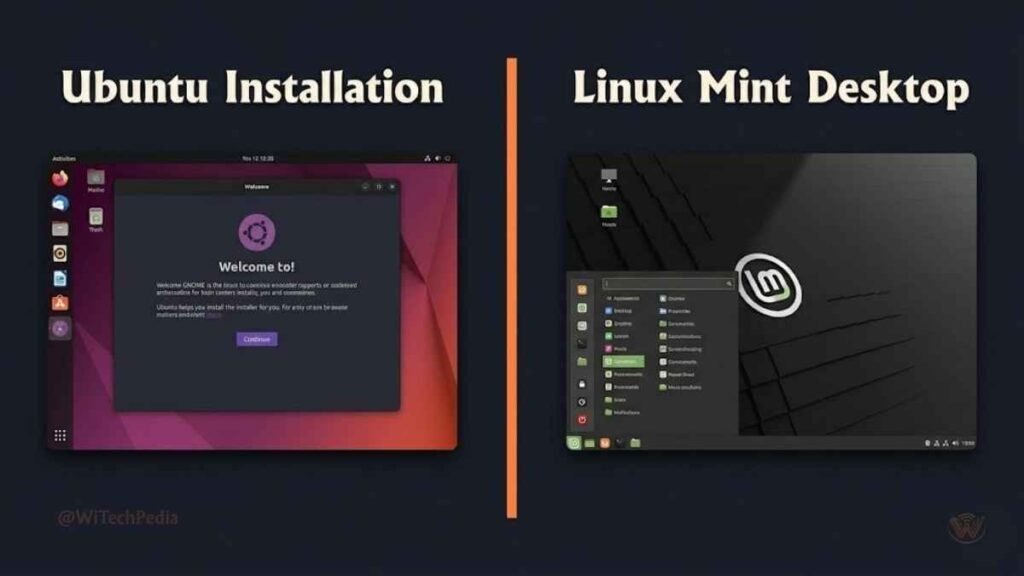 Side-by-side comparison of Ubuntu and Linux Mint installation interfaces showing differences for beginners learning how to install Linux