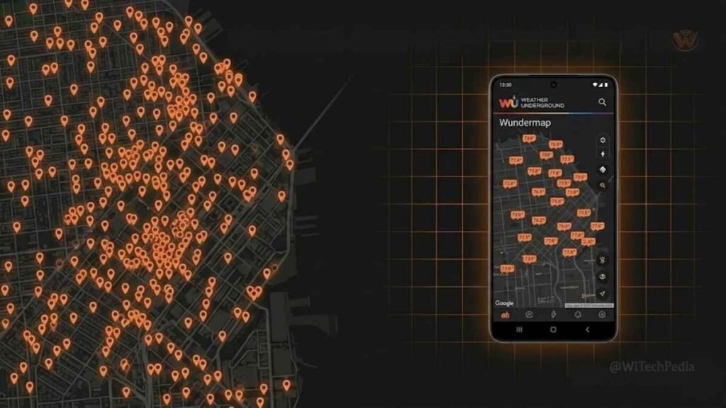 Weather Underground Android app showing personal weather station network map for hyperlocal forecast data