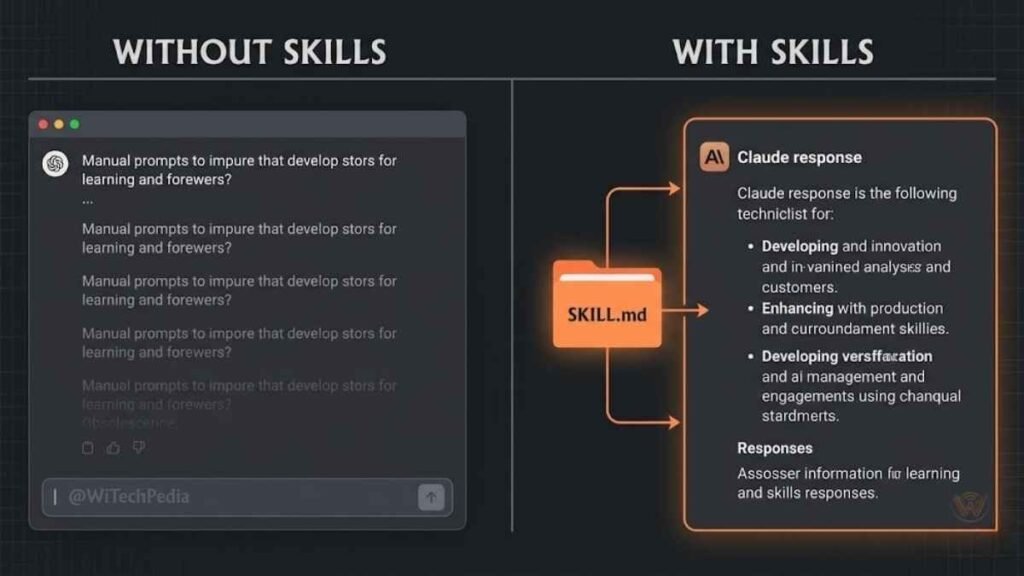 Diagram explaining what Claude Skills are: a SKILL.md folder that encodes AI workflow instructions for reuse