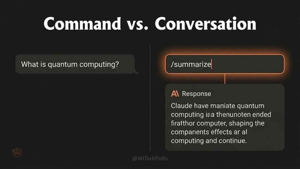 Diagram explaining what claude slash commands are, showing slash prefix triggering AI behaviors