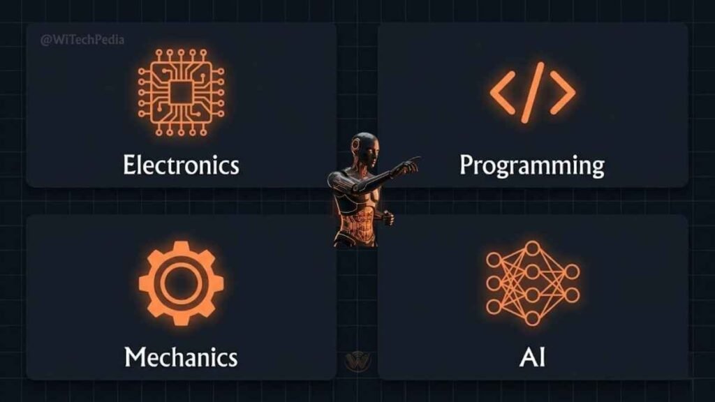 Infographic overview showing the four pillars of robotics projects: electronics, programming, mechanics, and AI, with icons on orange background