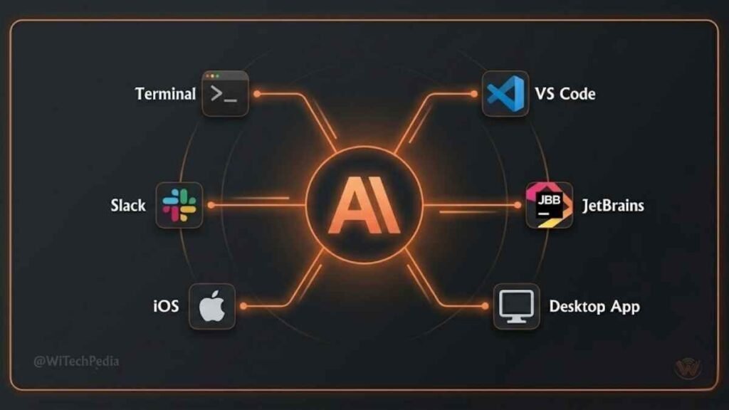 Diagram showing what Claude Code is — an agentic AI coding tool by Anthropic running across terminal, VS Code, and desktop