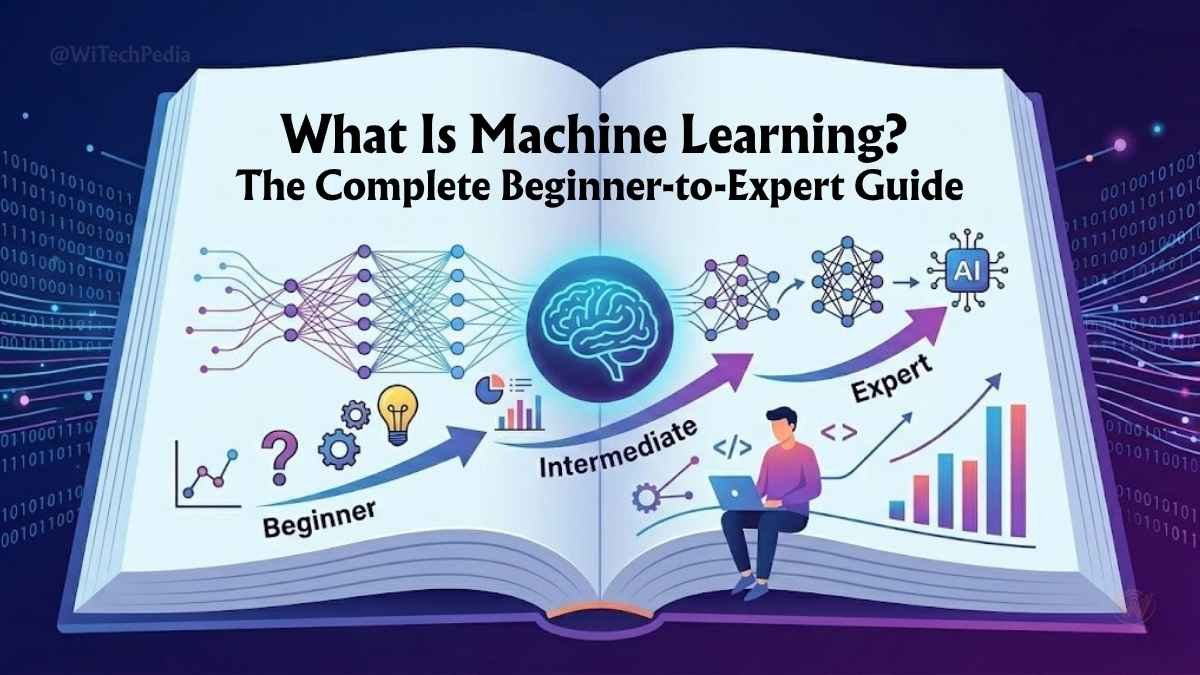 Illustration of an open book depicting a machine learning roadmap, showing an upward progression from beginner concepts with a lightbulb and gears, to an intermediate stage with a person coding near a glowing brain, and finally to an expert level featuring complex neural networks and an AI microchip.