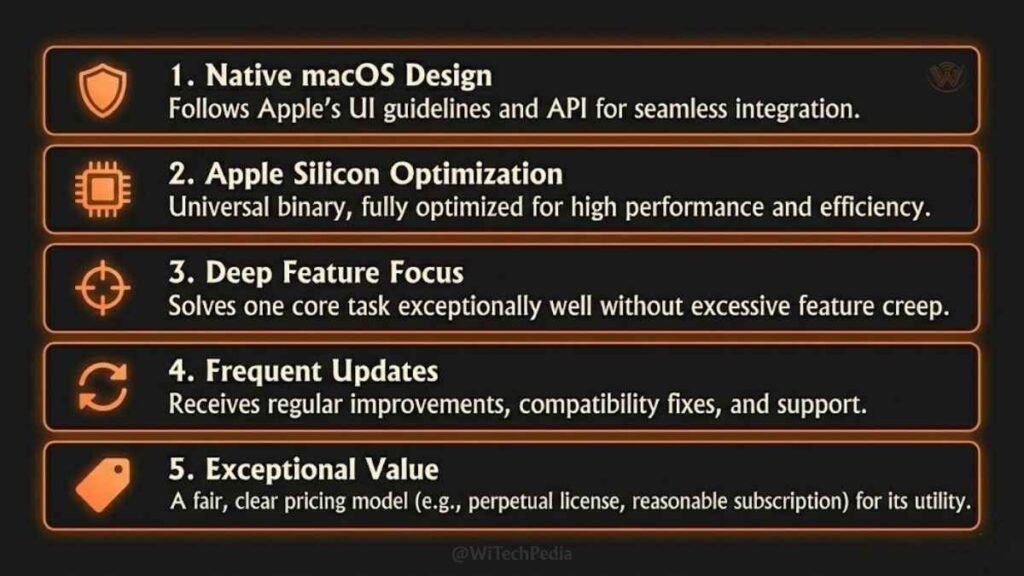 Infographic showing five criteria for the best macOS apps: native design, Apple Silicon, focus, updates, and value