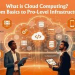 Concept illustration showing a modern tech user accessing diverse services in a digital cloud computing.