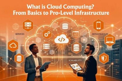 Concept illustration showing a modern tech user accessing diverse services in a digital cloud computing.