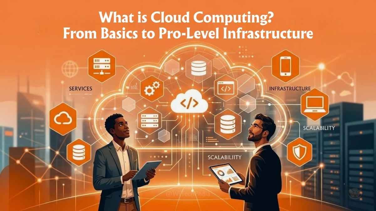 Concept illustration showing a modern tech user accessing diverse services in a digital cloud computing.