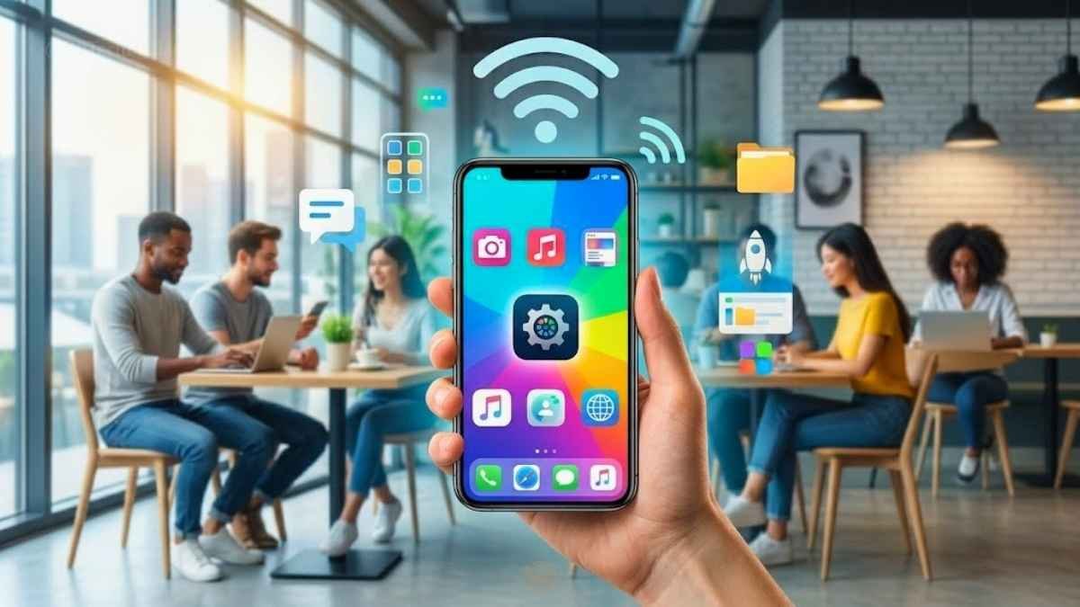 A hand holding a modern smartphone with colorful application icons on the screen, surrounded by floating holographic symbols like Wi-Fi, chat bubbles, and folders, with people working in a bright cafe in the blurred background.