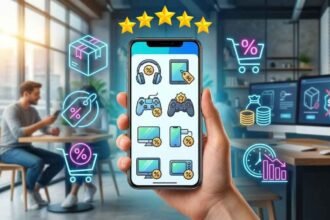 A close-up of a hand holding a smartphone displaying various technology products like headphones and controllers with discount tags. Glowing neon icons of shopping carts, sale tags, and price drops float around the phone against a blurred background of a modern workspace.