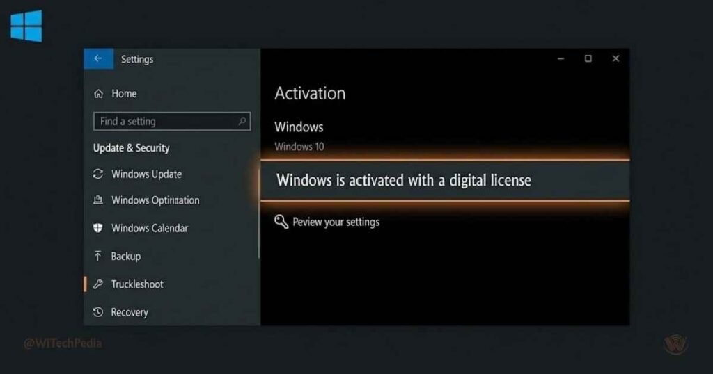 Windows 10 Settings screen showing activation status "Windows is activated with a digital license"