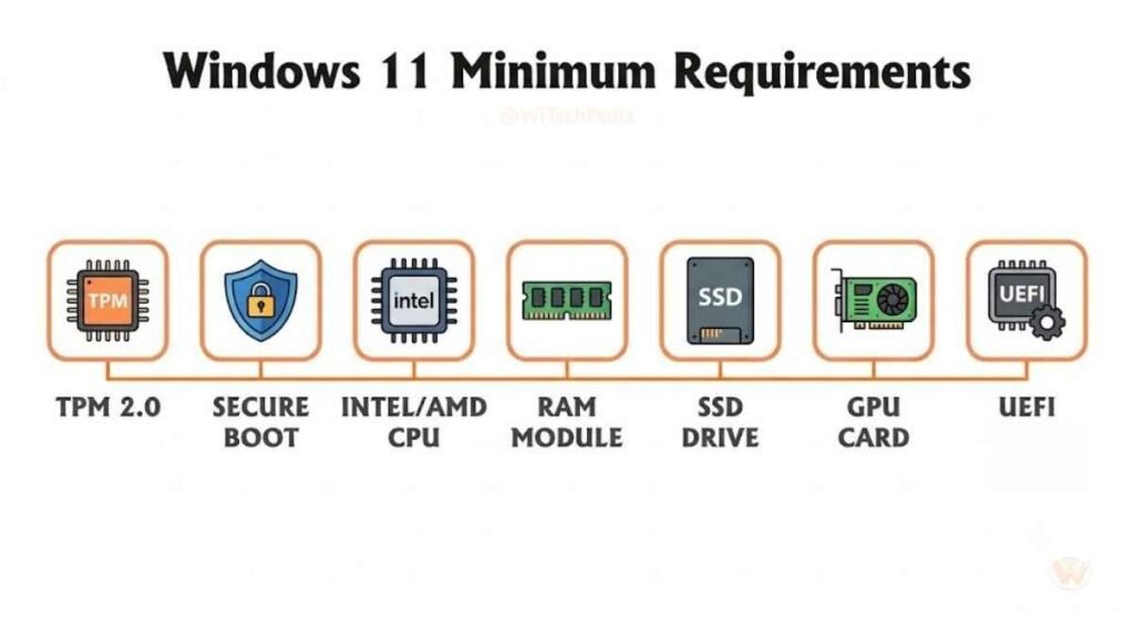 Infographic listing Windows 11 minimum hardware requirements including TPM 2.0, Secure Boot, 8th Gen CPU, and 4GB RAM