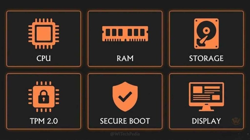 Infographic showing Windows 11 minimum system requirements including TPM 2.0, RAM, CPU, and storage