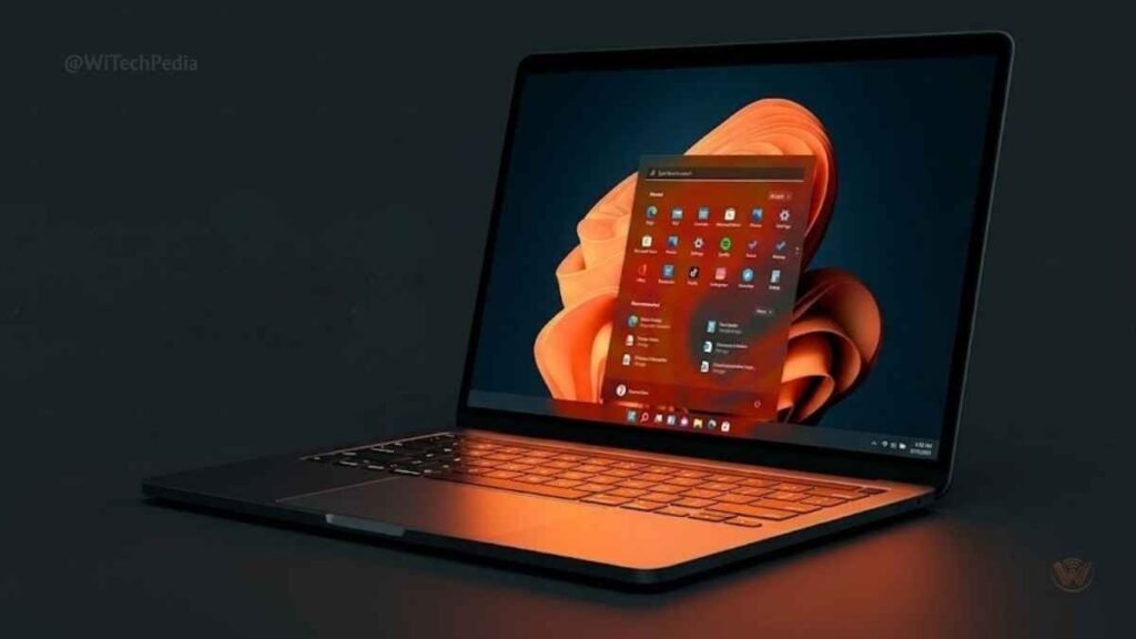 A modern laptop in a dark tech environment with a glowing orange upward arrow rising from the keyboard toward the Windows 11 Start menu on the screen.