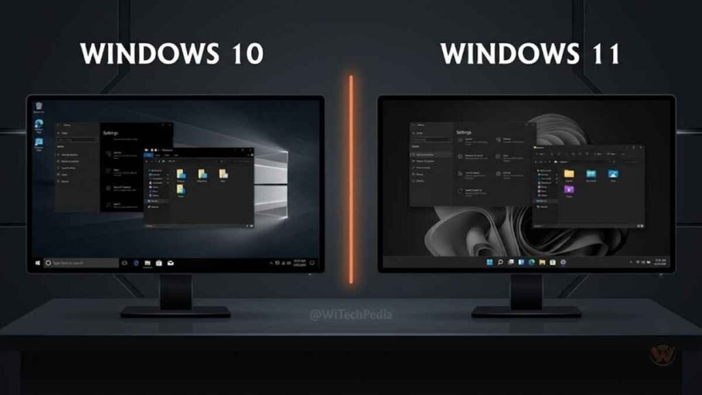 Side-by-side UI comparison showing Windows 10 vs Windows 11 desktop interface design differences
