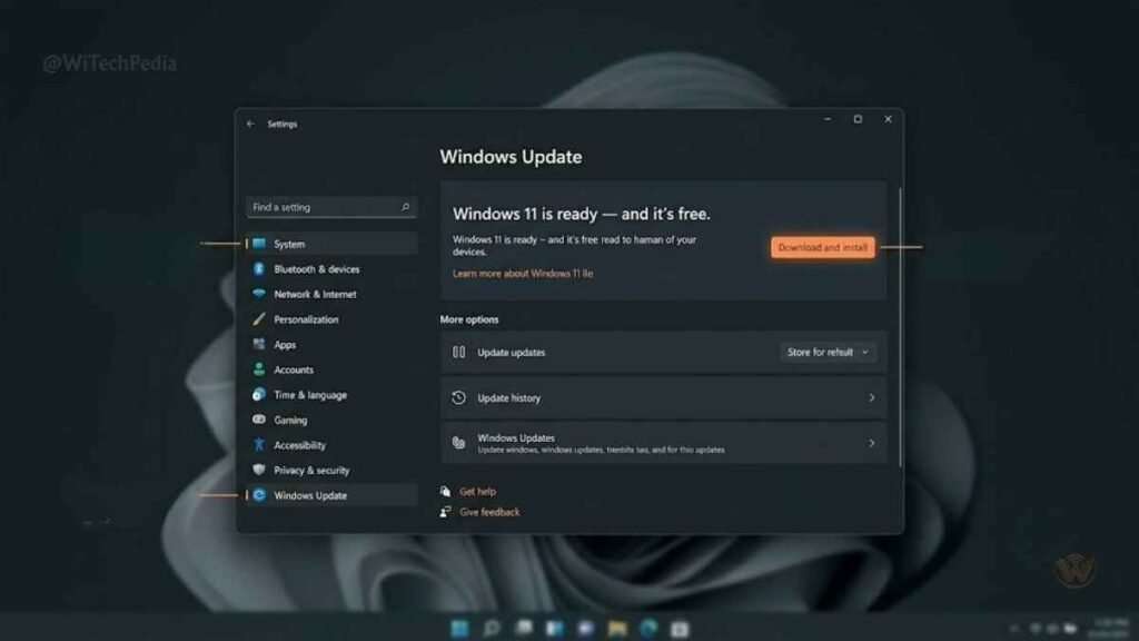 Windows Update settings screen displaying the Windows 11 free upgrade download option