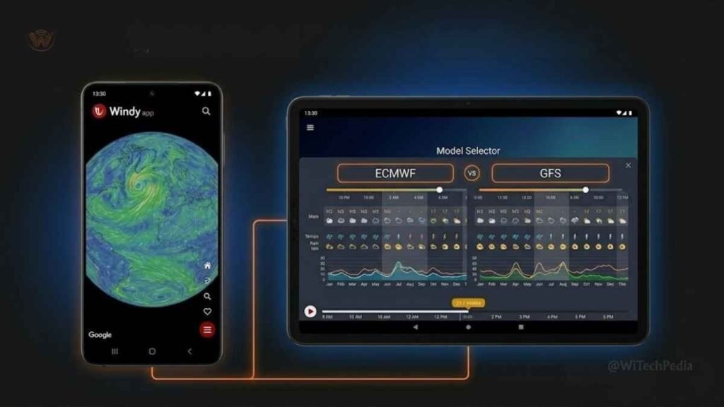Windy weather app on Android showing multiple forecast models and wind flow animation for power users