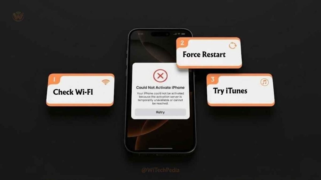 iPhone displaying 'Could Not Activate iPhone' error screen during setup with troubleshooting steps visible