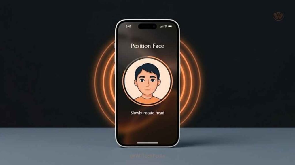 Person setting up Face ID during new iPhone activation with face centered in the camera frame on screen