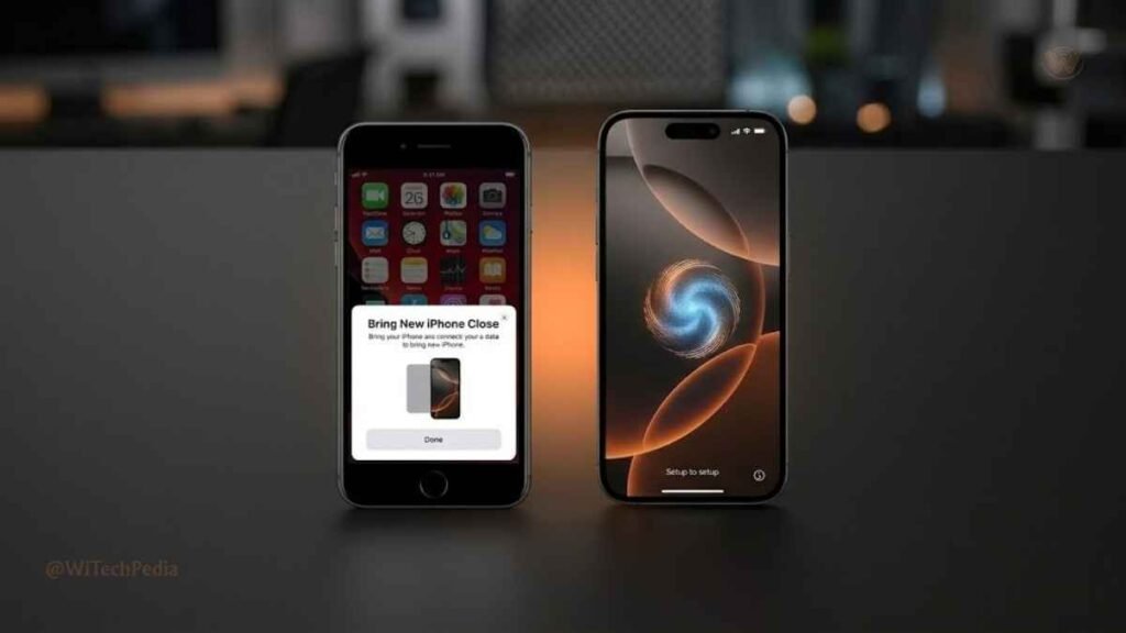 Two iPhones side by side during Quick Start activation transfer showing the animated setup screen